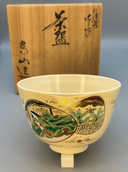 Kai-Awase Chawan by Tsugitsu Kozanzan — Kyoto Polychrome Figure Painting, Gold, Wood Box