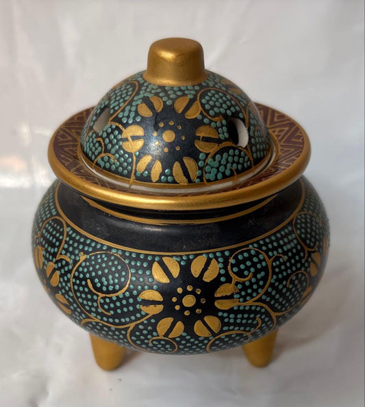 Kutani Incense Burner Koro | Ao-Chibu Blue Dot Pattern | Gold Floral Arabesque | Tomobako