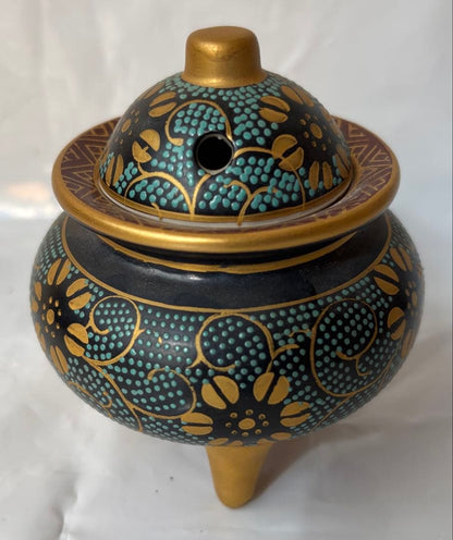 Kutani Incense Burner Koro | Ao-Chibu Blue Dot Pattern | Gold Floral Arabesque | Tomobako
