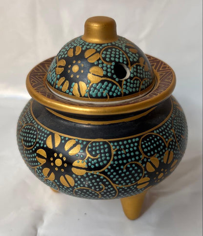 Kutani Incense Burner Koro | Ao-Chibu Blue Dot Pattern | Gold Floral Arabesque | Tomobako