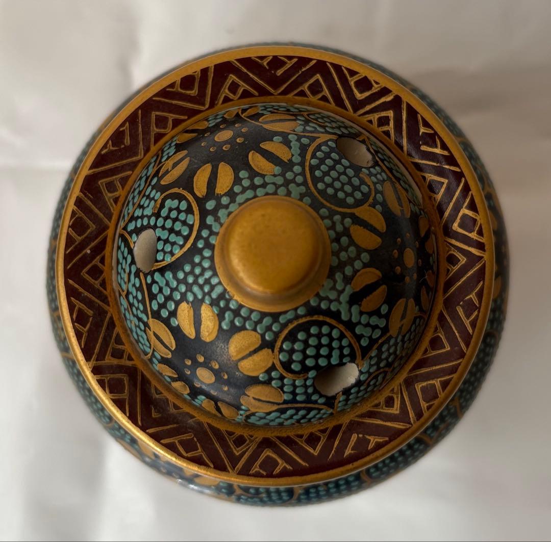 Kutani Incense Burner Koro | Ao-Chibu Blue Dot Pattern | Gold Floral Arabesque | Tomobako