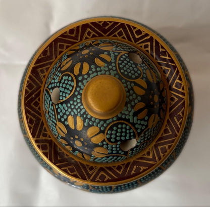 Kutani Incense Burner Koro | Ao-Chibu Blue Dot Pattern | Gold Floral Arabesque | Tomobako