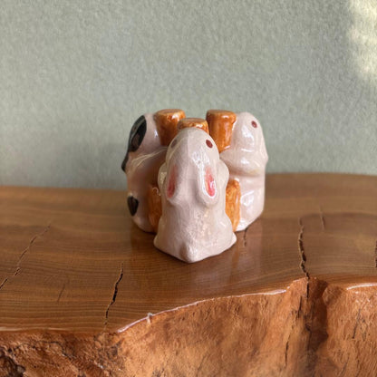 Three Rabbits Futaoki Lid Rest by Keiraku | Kyoto Raku Tradition | Mitsu-usagi | Signed Box