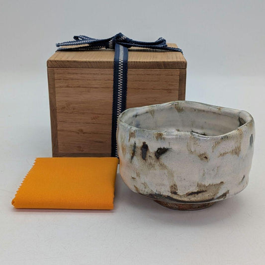 Mino Nezumi-Shino Chawan — Iron & Indigo Landscape on White Glaze