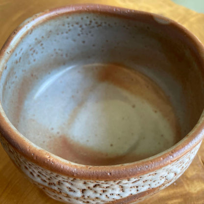 Shino Ware Matcha Bowl by Kato Shuzan — Nezumi Shino with Hi-iro Fire Blush, Carved Motif, Tomobako
