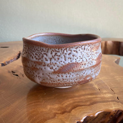 Shino Ware Matcha Bowl by Kato Shuzan — Nezumi Shino with Hi-iro Fire Blush, Carved Motif, Tomobako