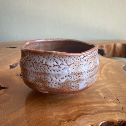 Shino Ware Matcha Bowl by Kato Shuzan — Nezumi Shino with Hi-iro Fire Blush, Carved Motif, Tomobako