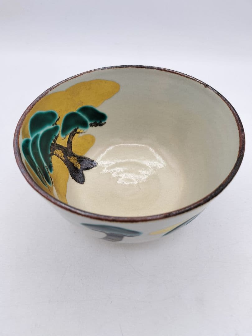 Kenzan-Style Matcha Bowl Pine Motif Gold Ground by Kitakaze Ichizo with Wood Box