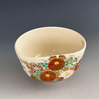 Iro-e Chrysanthemum Fence Chawan by Minamiguchi Kansui Kyoyaki Full Set