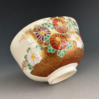 Iro-e Chrysanthemum Fence Chawan by Minamiguchi Kansui Kyoyaki Full Set
