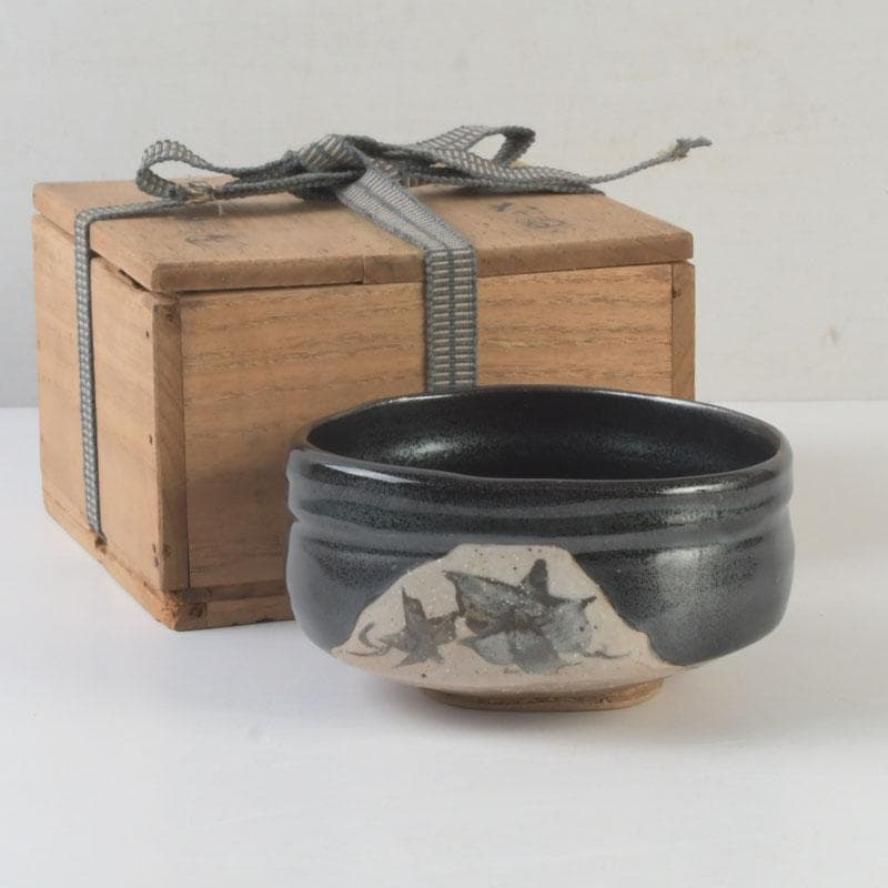 Kato Sakusuke Black Oribe Tea Bowl — Flower Cutout Design, Signed Box