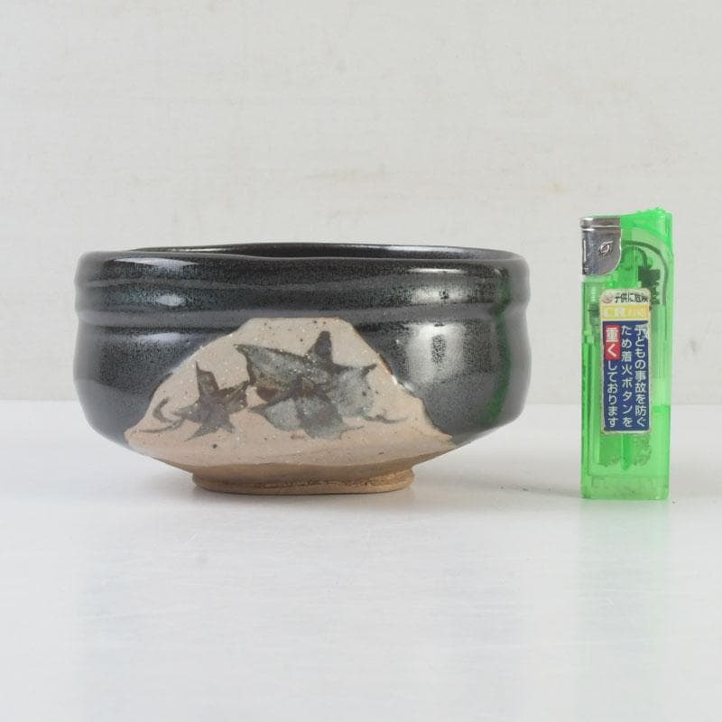 Kato Sakusuke Black Oribe Tea Bowl — Flower Cutout Design, Signed Box