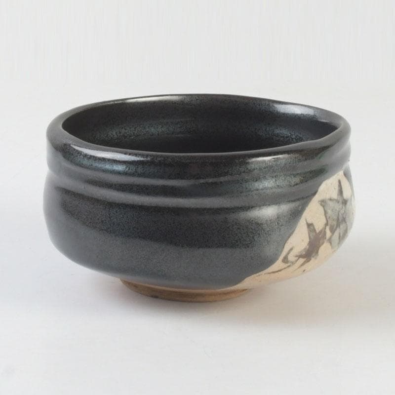 Kato Sakusuke Black Oribe Tea Bowl — Flower Cutout Design, Signed Box