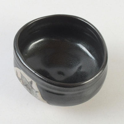 Kato Sakusuke Black Oribe Tea Bowl — Flower Cutout Design, Signed Box