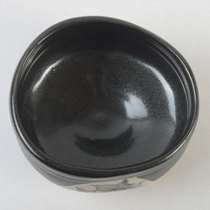 Kato Sakusuke Black Oribe Tea Bowl — Flower Cutout Design, Signed Box