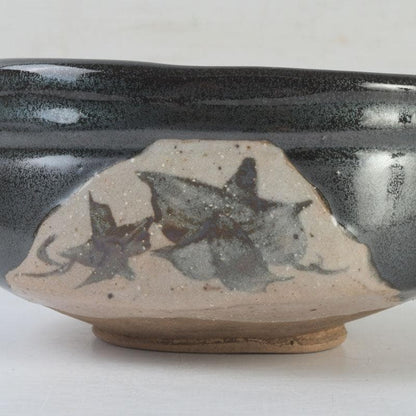 Kato Sakusuke Black Oribe Tea Bowl — Flower Cutout Design, Signed Box