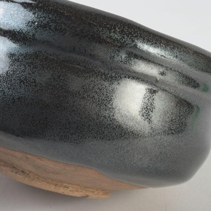 Kato Sakusuke Black Oribe Tea Bowl — Flower Cutout Design, Signed Box