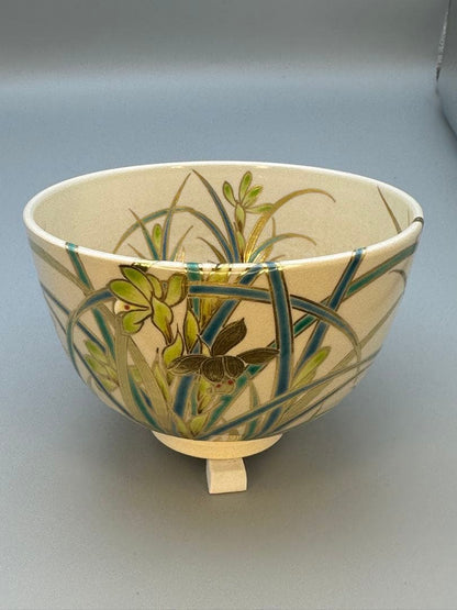 Spring Orchid Enamel Chawan by Kimata Ouraku — Kyo-yaki Tea Bowl