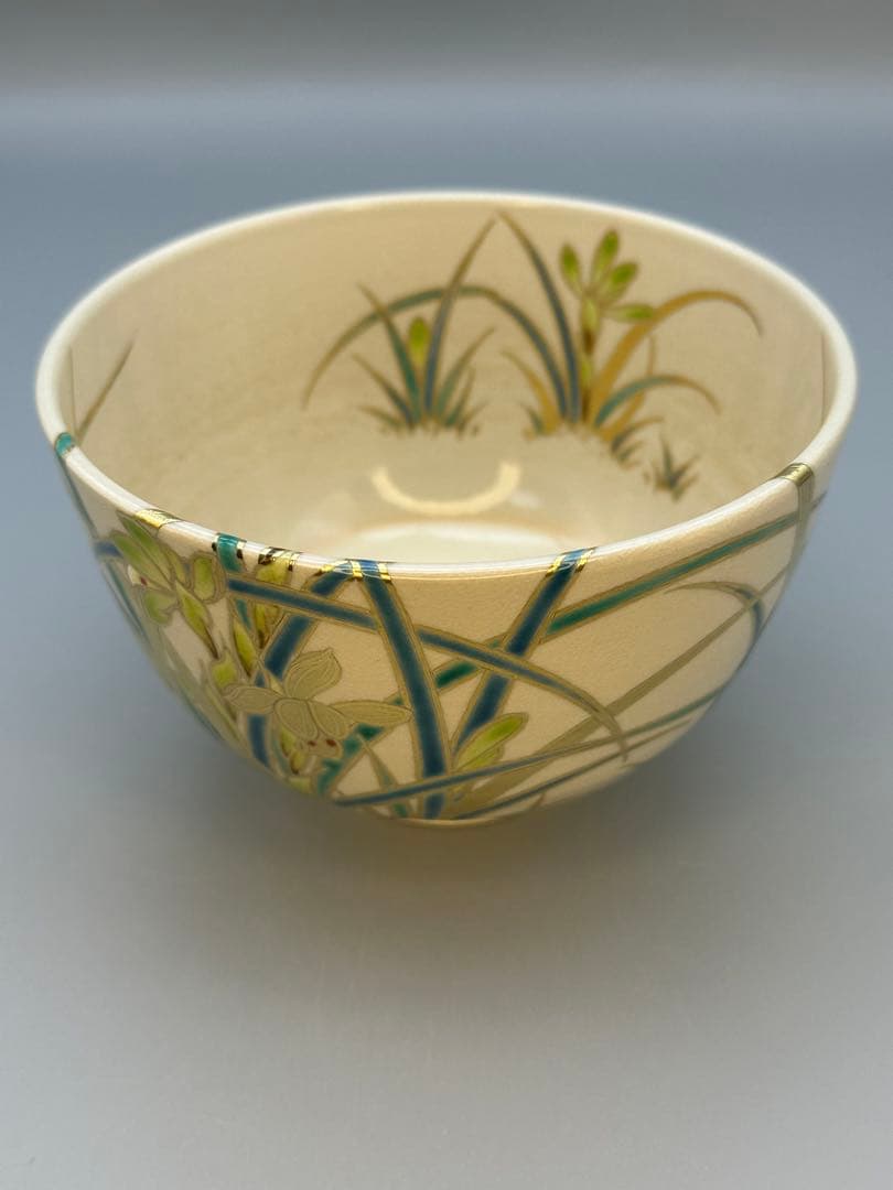 Spring Orchid Enamel Chawan by Kimata Ouraku — Kyo-yaki Tea Bowl