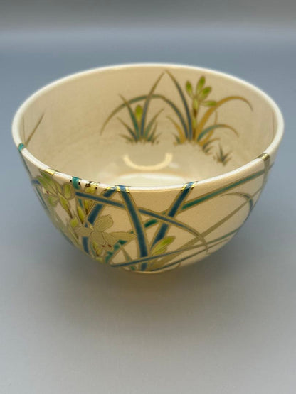 Spring Orchid Enamel Chawan by Kimata Ouraku — Kyo-yaki Tea Bowl