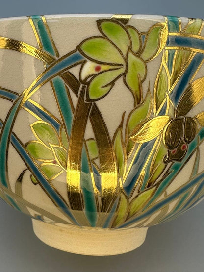 Spring Orchid Enamel Chawan by Kimata Ouraku — Kyo-yaki Tea Bowl