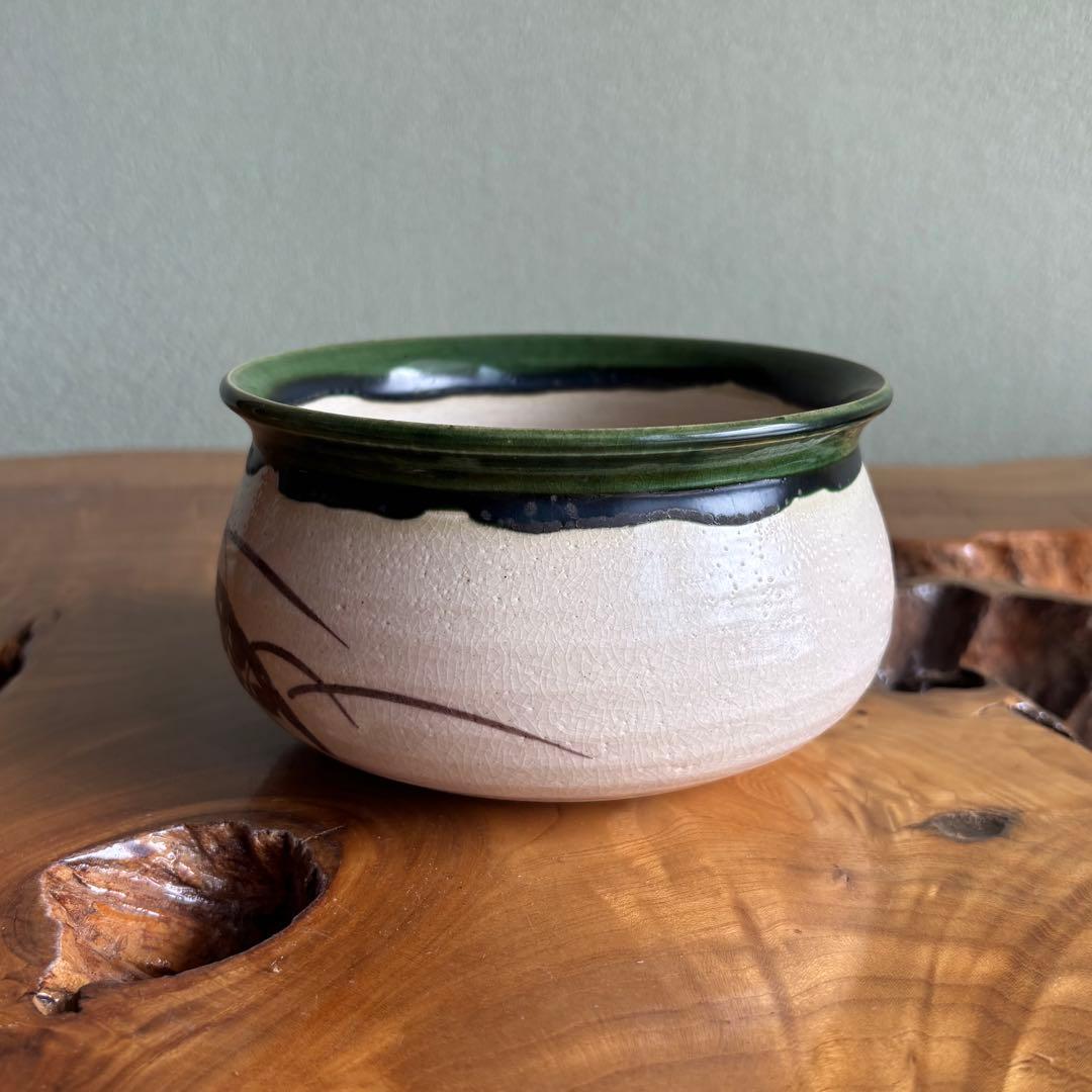 Oribe Kensui Waste Water Bowl | Iron-Painted Pine Needle and Ajiro Pattern | Flower Vessel