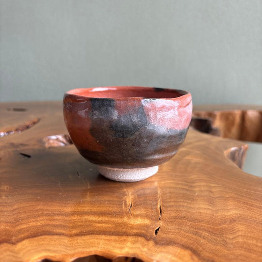 Small Aka-Raku Red Raku Chawan with Raku Seal — Compact Japanese Tea Bowl in Red and Black Glaze