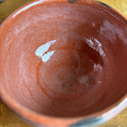Small Aka-Raku Red Raku Chawan with Raku Seal — Compact Japanese Tea Bowl in Red and Black Glaze