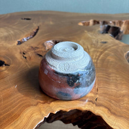 Small Aka-Raku Red Raku Chawan with Raku Seal — Compact Japanese Tea Bowl in Red and Black Glaze