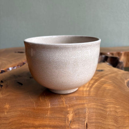 White Satsuma Matcha Bowl by Kozan — Shiro-Satsuma Chawan with Ivory Crackle Glaze, Signed Wooden Box