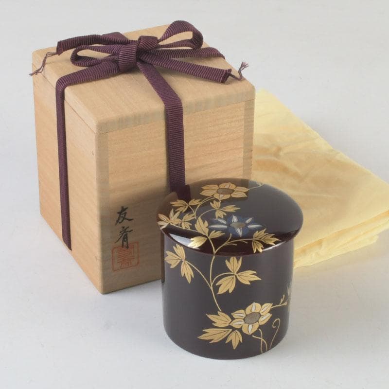 Kinrinji Maki-e Lacquer Natsume Tea Caddy by Yusai — Autumn Grasses on Tame-nuri, Signed Box