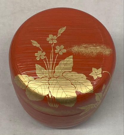 Kumagai Hideho Spring Field Maki-e Shu-Hakeme Chu-Natsume Vermillion Tea Caddy