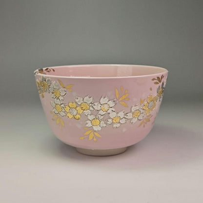 Yamamoto Ichinyo Kōchi Ware Tea Bowl — Pale Pink, Sakura-Zukushi Gold & Silver, Kyoto Ware