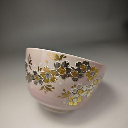 Yamamoto Ichinyo Kōchi Ware Tea Bowl — Pale Pink, Sakura-Zukushi Gold & Silver, Kyoto Ware