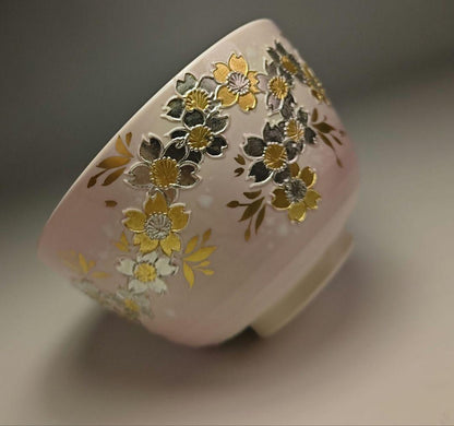 Yamamoto Ichinyo Kōchi Ware Tea Bowl — Pale Pink, Sakura-Zukushi Gold & Silver, Kyoto Ware