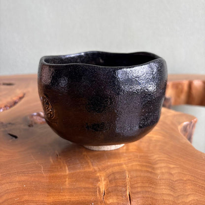 Black Chawan with Mon Crest Medallions, Sculptural Textured Glaze Tea Bowl with Tomobako