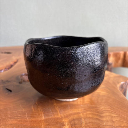 Black Chawan with Mon Crest Medallions, Sculptural Textured Glaze Tea Bowl with Tomobako
