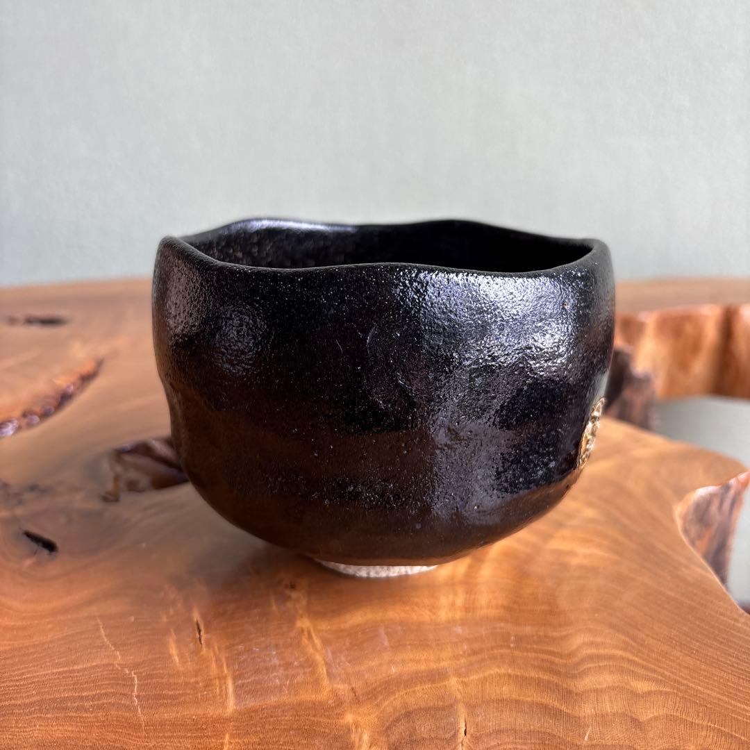 Black Chawan with Mon Crest Medallions, Sculptural Textured Glaze Tea Bowl with Tomobako