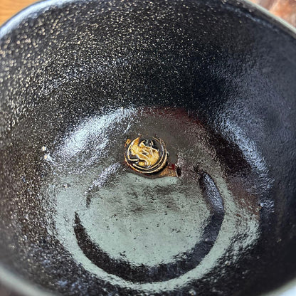 Black Chawan with Mon Crest Medallions, Sculptural Textured Glaze Tea Bowl with Tomobako