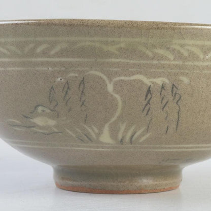 Korean Celadon Sanggam Inlaid Tea Bowl by Yu Hae-gang, Bird & Willow Motif, Signed Box