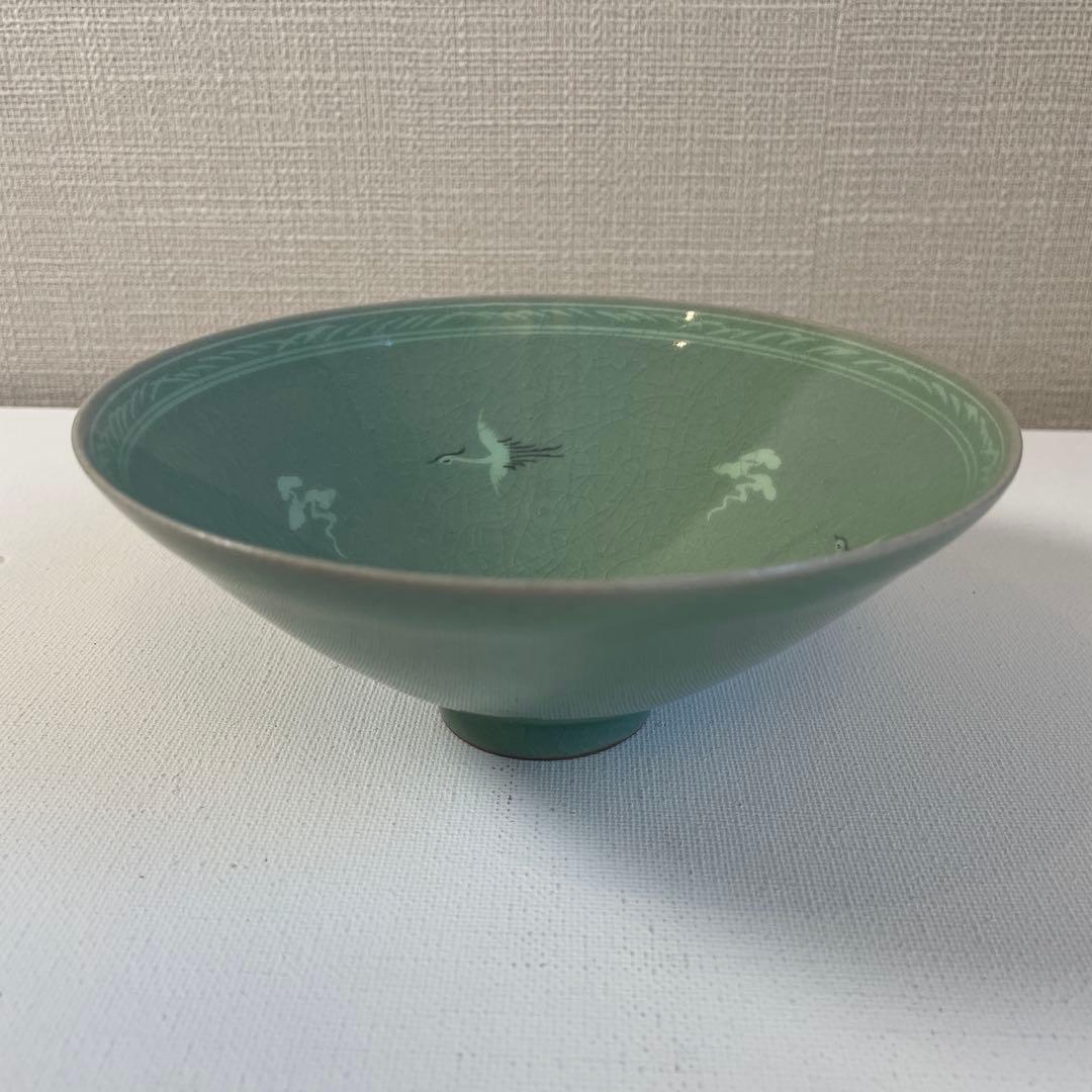 Kim Jeong-muk Korean Celadon Chawan Donggok Kiln — Crane Cloud Sanggam Inlay Tea Bowl Tomobako