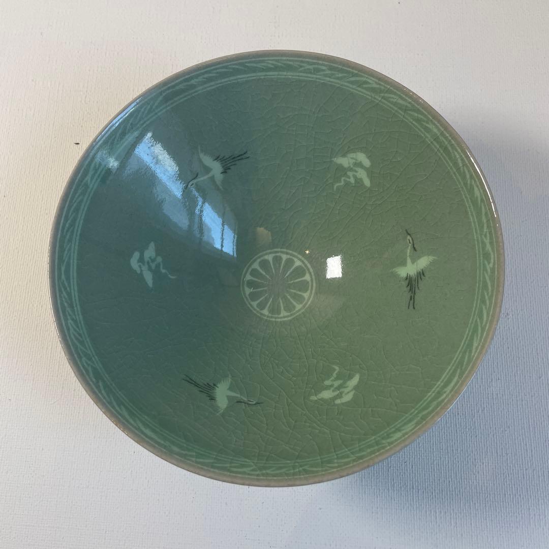Kim Jeong-muk Korean Celadon Chawan Donggok Kiln — Crane Cloud Sanggam Inlay Tea Bowl Tomobako