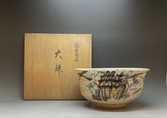 Kenzan-Style Orchid Painting Large Oobachi Bowl, Wood Box