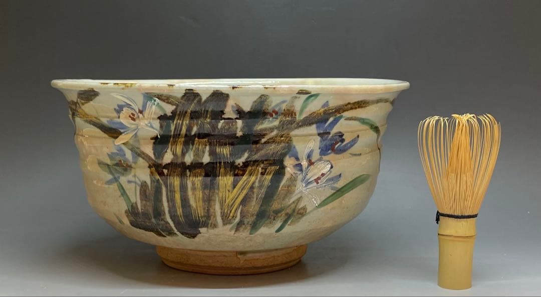 Kenzan-Style Orchid Painting Large Oobachi Bowl, Wood Box