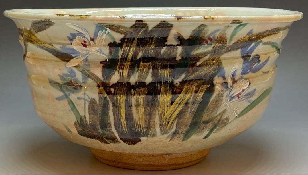 Kenzan-Style Orchid Painting Large Oobachi Bowl, Wood Box