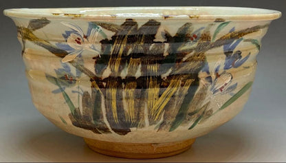 Kenzan-Style Orchid Painting Large Oobachi Bowl, Wood Box