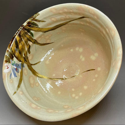 Kenzan-Style Orchid Painting Large Oobachi Bowl, Wood Box
