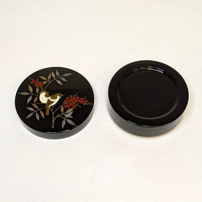 Nanten Maki-e Incense Container Kogo - Black Lacquer Gold Interior with Birds