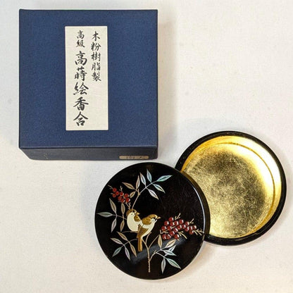 Nanten Maki-e Incense Container Kogo - Black Lacquer Gold Interior with Birds