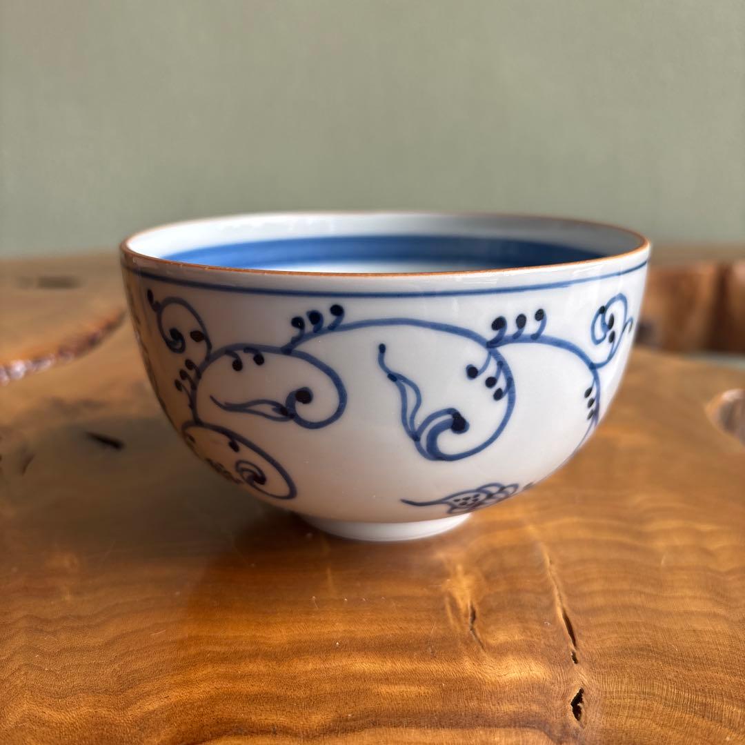 Kyo-yaki Chawan Blue White Fukuju — Grapevine Arabesque, Signed Box